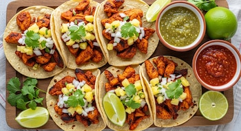 Vista aérea de seis tacos con pollo al pastor, piña, cebolla y cilantro, sobre una tabla de madera, junto a dos cuencos de salsa, limas y cilantro fresco.