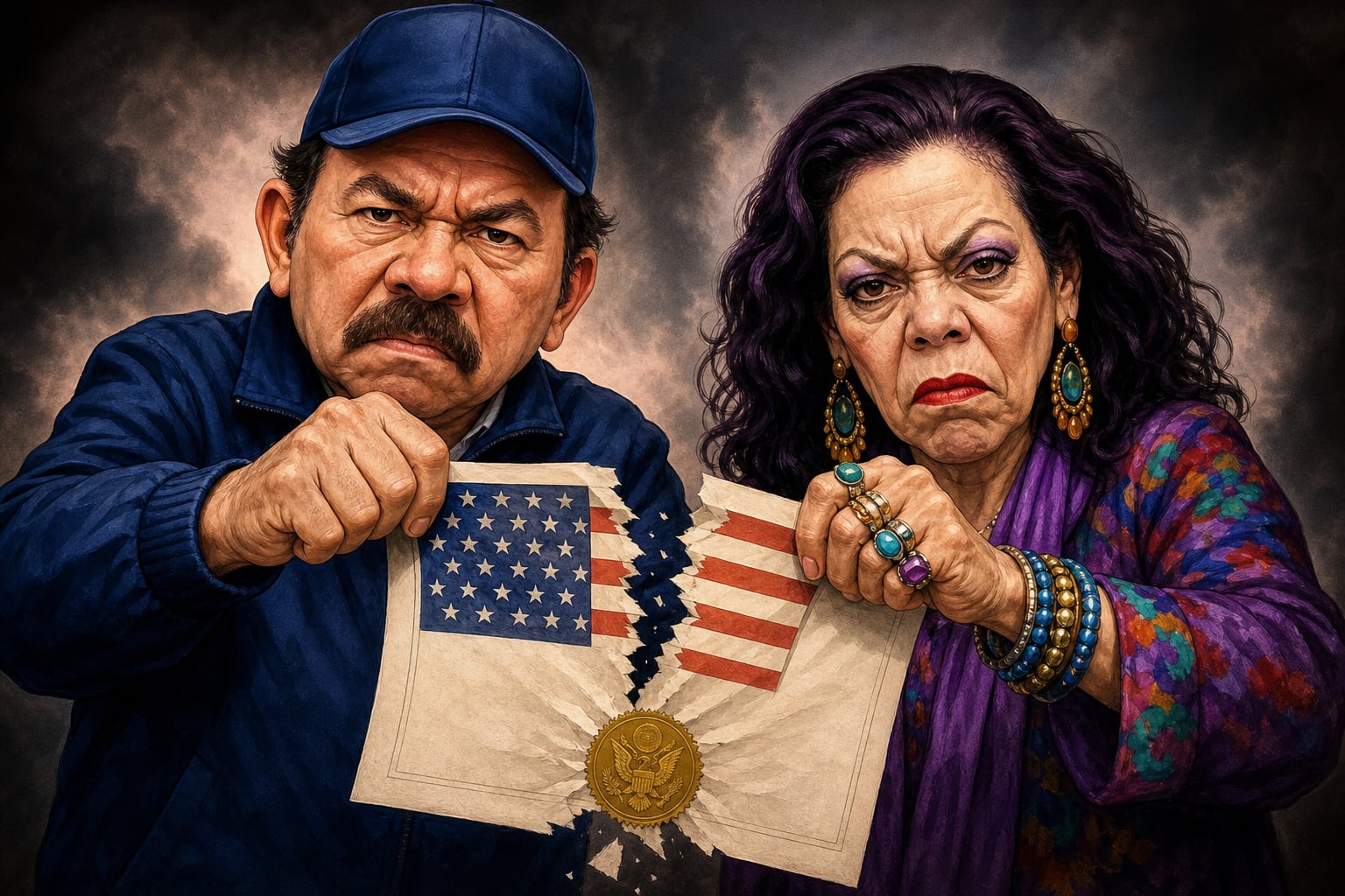 Daniel Ortega y Rosario Murillo rompen un documento diplomático con el sello oficial de Estados Unidos en una ilustración sobre las relaciones bilaterales. (Imagen Ilustrativa Infobae)