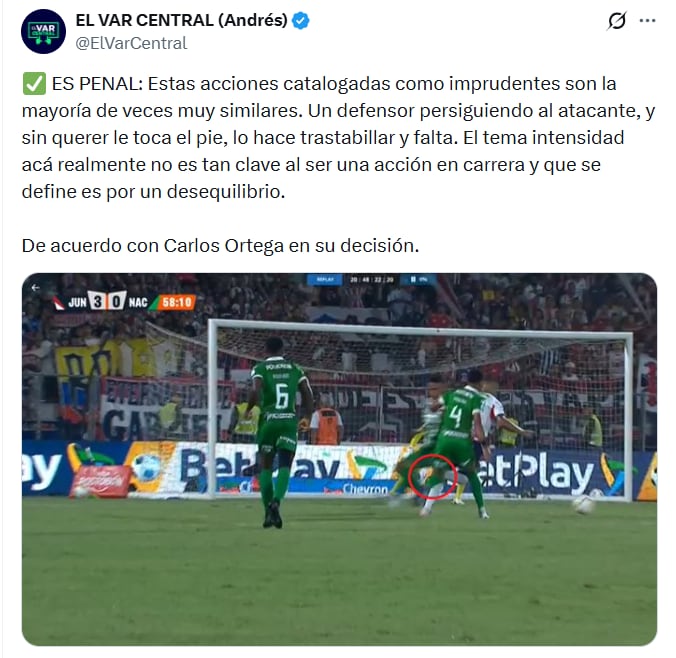 Post de @ElVarCentral sobre el penalti sancionado a Atlético Nacional por falta contra Luis Muriel - crédito X