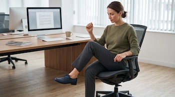 Mujer sentada en una silla ergonómica negra elevando una rodilla, junto a un escritorio de madera con un monitor.