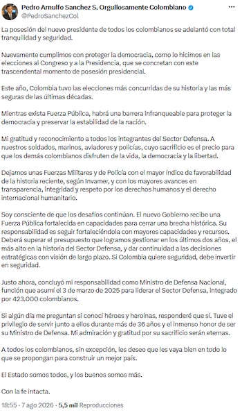 Pedro Arnulfo Sánchez destacó la seguridad y la masiva participación en la posesión presidencial - crédito @PedroSanchezCol/X