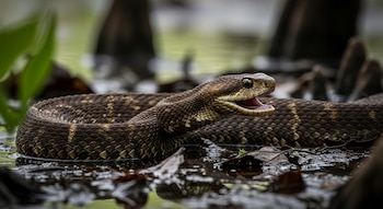 Serpiente cottonmouth marrón oscura con la boca abierta en el agua, rodeada de hojas secas y troncos pequeños.