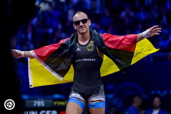 Stäbler celebrates his win at