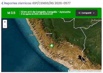 Mapa satelital del sur de Perú con una franja verde en la parte superior y una estrella verde que marca la ubicación en el mapa