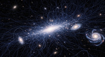 Ilustración digital de una vasta red azul de filamentos cósmicos y estrellas que se extiende por el espacio oscuro, con cúmulos de galaxias brillantes.