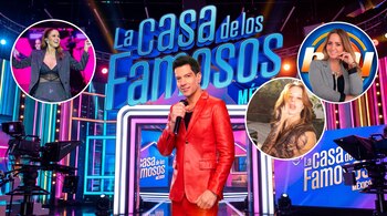 Estudio de televisión con el logotipo de La Casa de los Famosos México, un hombre con traje rojo y tres imágenes circulares.