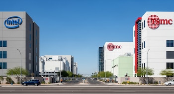 Vista exterior de edificios modernos de Intel y TSMC en un parque industrial de Phoenix bajo cielo azul brillante, con una calle ancha y pocos vehículos.