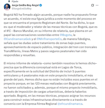 Jorge Emilio Rey dijo que no existe esa figura jurídica en esta etapa y que el IFC solo consignó consensos técnicos en las mesas de trabajo - crédito Jorge Emilio Rey/X