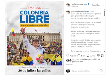 Gustavo Petro convocó una movilización general el 20 de julio para defender las reformas sociales y llamó a la ciudadanía a concentrarse en plazas públicas, con énfasis en Bosa y Ciudad Bolívar - crédito Gustavo Petro/Instagram