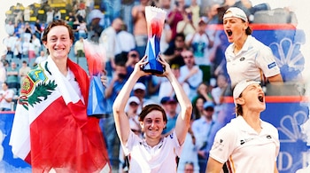 Collage acuarela de Ignacio Buse: sonriente con bandera peruana, levantando un trofeo y gritando de alegría en un evento deportivo.