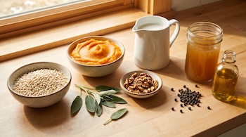 Unos cuencos con cebada, puré de calabaza y nueces, junto a hojas de salvia, granos de pimienta, leche, caldo y aceite sobre una mesa de madera.