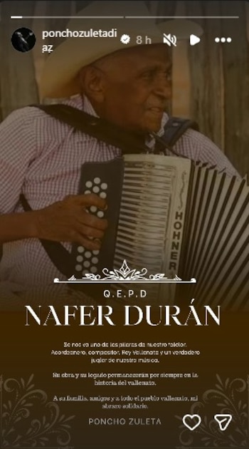 El acordeonero Poncho Zuleta definió al fallecido artista como un pilar del folclor vallenato y envió un saludo solidario a sus allegados - crédito @ponchozuletadiaz/Instagram