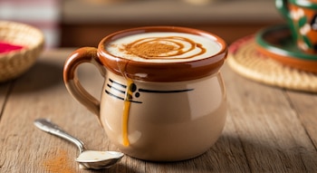 Taza de barro beige con atole de cajeta cremoso, canela en polvo y un chorro de cajeta, sobre una mesa de madera rústica. Una cuchara plateada con líquido descansa cerca.