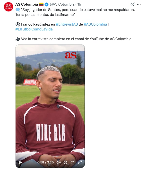 Franco Fagúndez hizo esa revelación en As Colombia, en entrevista difundida el lunes 21 de septiembre - crédito @AS_Colombia/X