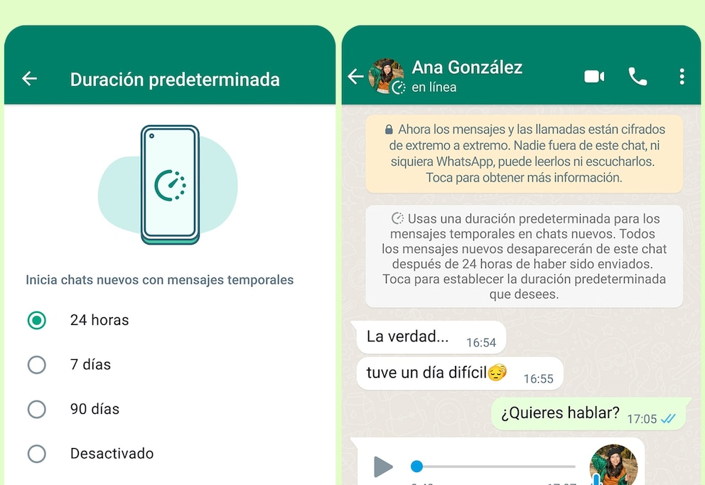 WhatsApp incluye los mensajes temporales como parte de las opciones de seguridad en sus sistemas. (WhatsApp)