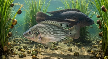 Primer plano submarino de una tilapia del Nilo, un pez lengua de hueso africano, plantas de arroz sumergidas y caracoles de agua dulce.