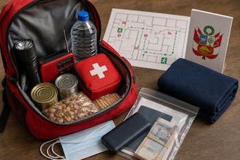 Mochila roja abierta con linterna, radio, agua, comida en conserva, botiquín, dinero, cargador, mascarillas, manta y un plano de evacuación.