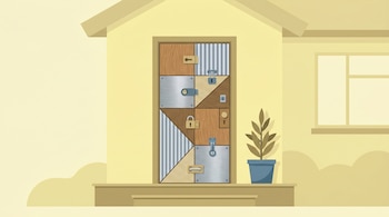 Una ilustración de la entrada de una casa amarilla claro con una puerta de seguridad dividida en cuatro triángulos de madera, metal y fibra de vidrio, con cerraduras diversas.