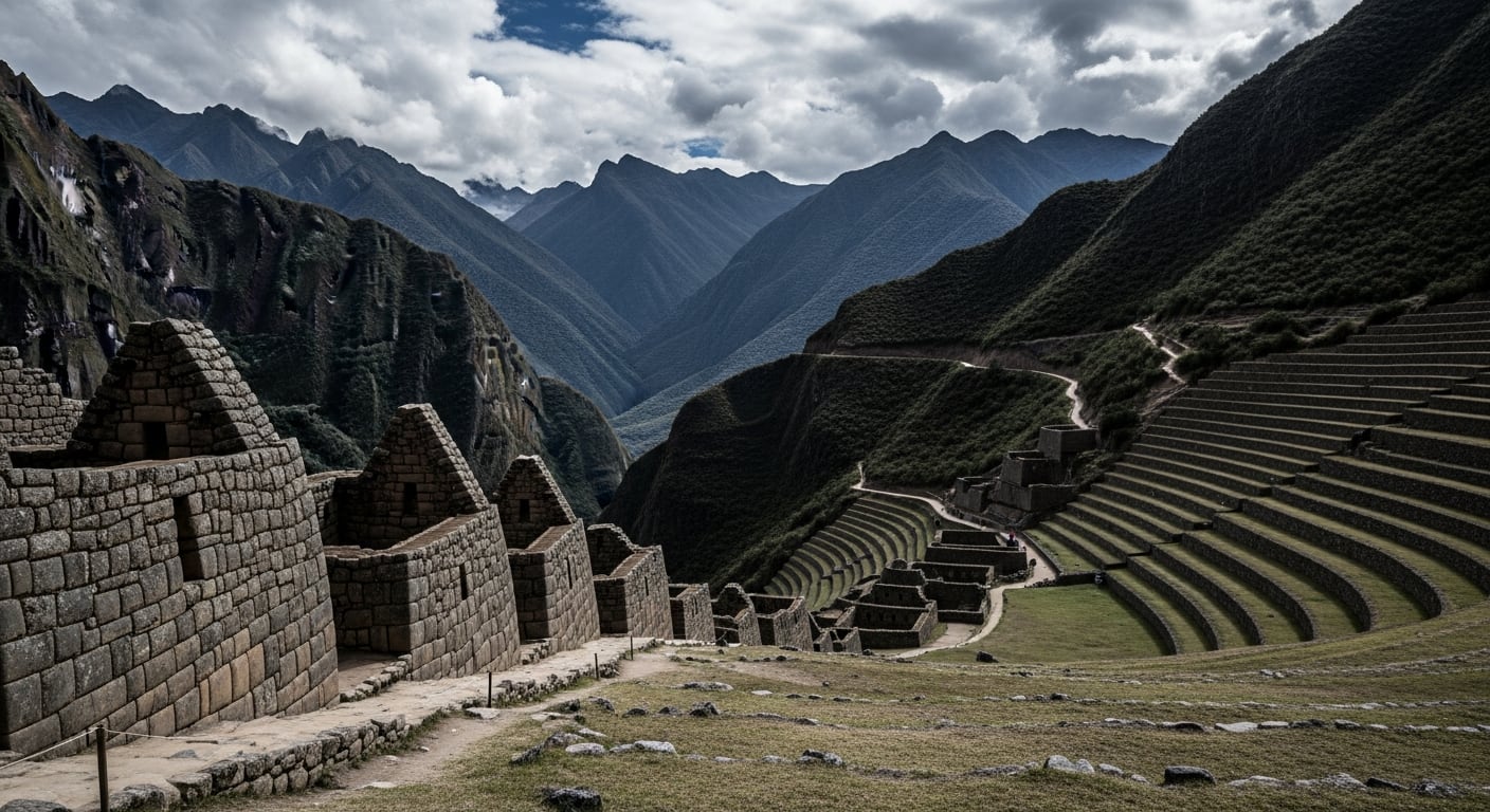 Un paisaje montañoso de Perú muestra una antigua red vial andina, depósitos estatales de piedra y terrazas agrícolas incas bajo un cielo parcialmente nublado. (Imagen Ilustrativa Infobae)