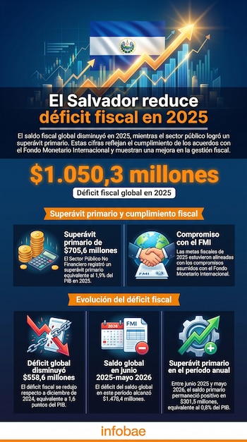 Infografía con la bandera de El Salvador, gráficos de barras y flechas ascendentes, pila de monedas, calculadora, mapa mundi, manos en apretón de FMI, calendario y textos fiscales.