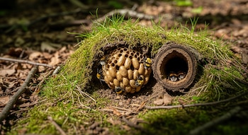 Un nido de abejorro con celdas, varios abejorros, musgo verde, tierra, un tronco hueco y ramas secas en el suelo de un bosque