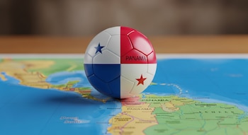Un balón de fútbol con los colores rojo, blanco y azul y las dos estrellas de la bandera de Panamá sobre un mapa político de Centroamérica.