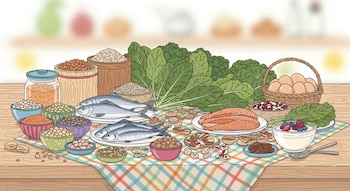 Una mesa de madera con un mantel a cuadros exhibe ilustraciones de legumbres, cereales, pescado, huevos, verduras, frutos secos, semillas y yogur.
