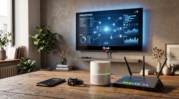 Un teléfono, un reloj inteligente, un purificador y un enrutador reposan sobre una mesa frente a un televisor LG encendido.