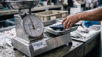 Una mano coloca un pescado sobre una balanza comercial de metal con una etiqueta de precio, junto a trozos de hielo sobre un mesón.