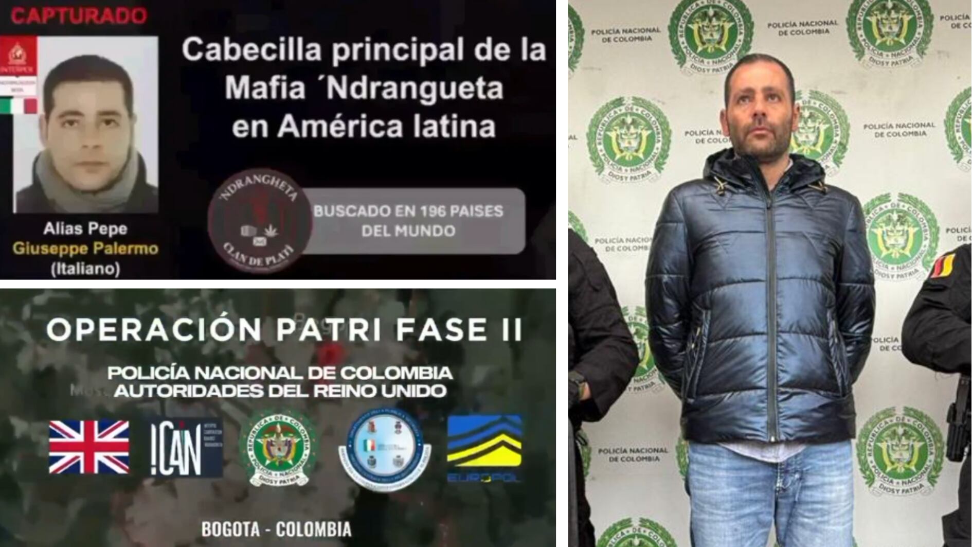 El capo de la mafia italiana coordinaba la operación de envío de droga y planificación de rutas desde Colombia, Ecuador y Perú - crédito Policía Nacional de Colombia | @DirectorPolicia