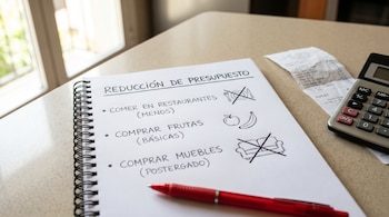 Un cuaderno con un plan de reducción de presupuesto, un bolígrafo rojo, una calculadora y un recibo sobre una mesa, mostrando decisiones financieras.