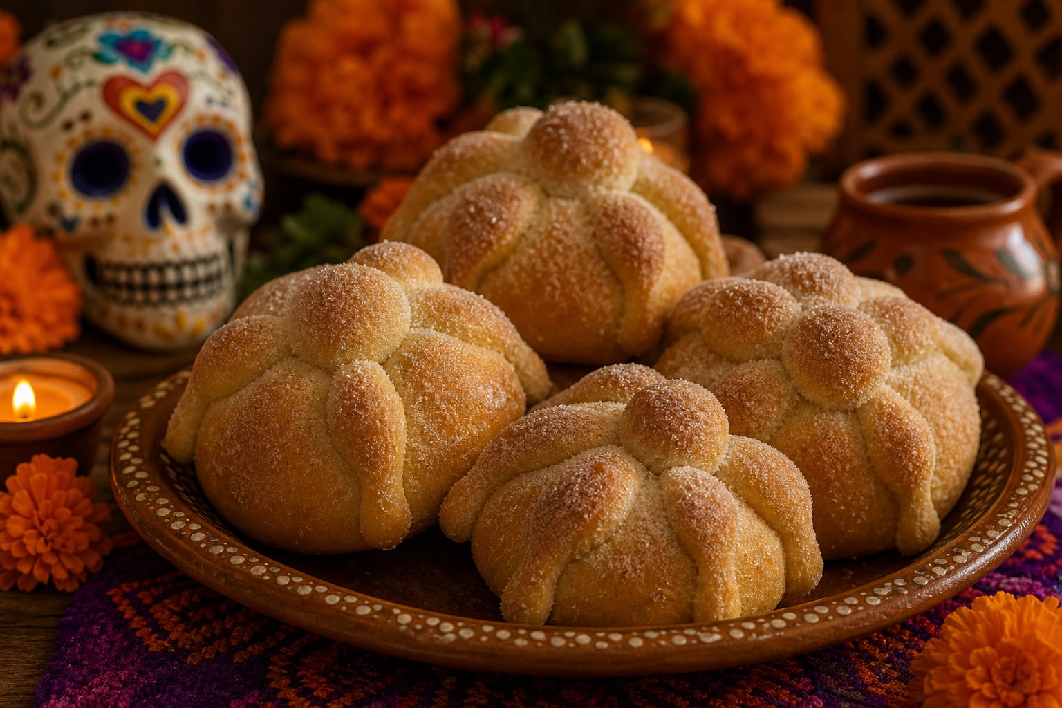 Un plato de barro contiene galletas azucaradas preparadas con el diseño tradicional del pan de muerto mexicano, dispuestas junto a elementos del Día de Muertos. (Imagen Ilustrativa Infobae)