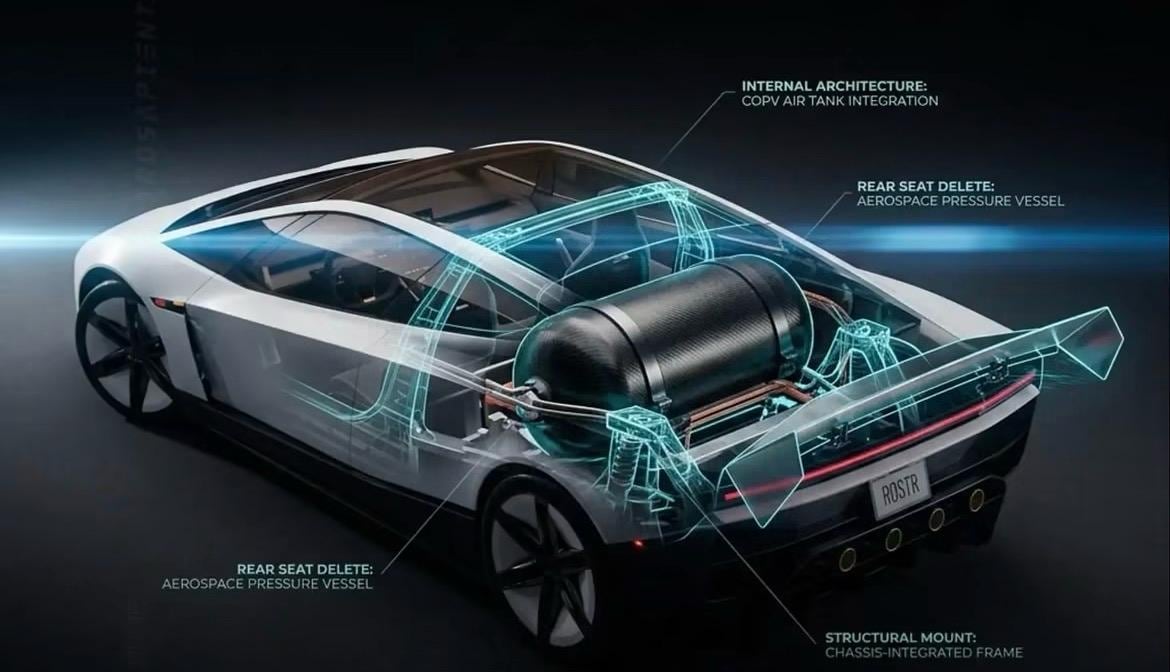 Dos tanques de fibra de carbono almacenan 600 litros de aire, los propulsores expulsan ese gas por diez toberas del Roadster en maniobras breves (Tesla)