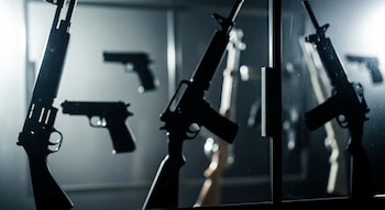 Siluetas oscuras de tres fusiles y tres pistolas, algunas desenfocadas, detrás de un panel de cristal.