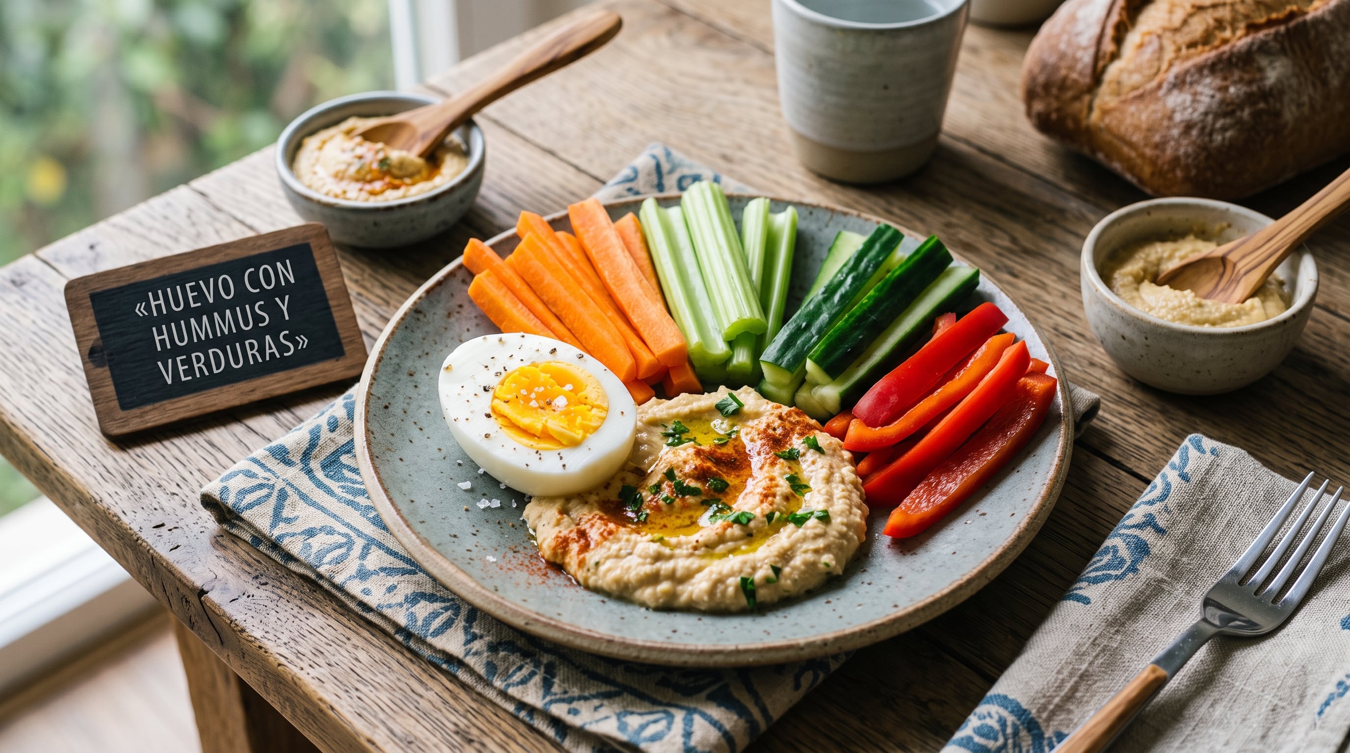 Un plato sobre una mesa de madera contiene medio huevo cocido, hummus y bastones de zanahoria, apio, pepino y pimiento rojo. (Imagen Ilustrativa Infobae)