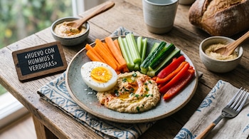 Plato con medio huevo duro, hummus con especias y tiras de zanahoria, apio, pepino y pimiento rojo sobre una mesa de madera.