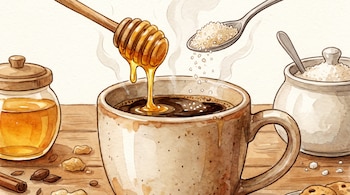 Ilustración de una taza de café humeante en una mesa de madera, con un cucharón de miel goteando y una cuchara añadiendo azúcar. Hay un tarro de miel y un azucarero.