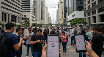 Calle concurrida en Ciudad de Panamá con edificios altos y personas en la acera. Varios miran sus teléfonos; dos manos sostienen celulares con alerta de sismo de Google.