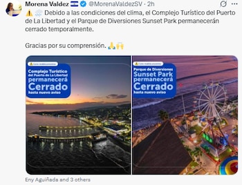 La ministra de Turismo, Morena Valdez, anunció el cierre del Complejo Turístico del Puerto de La Libertad y Sunset Park ante Tormenta Tropical Cristina. (Cortesía: Morena Valdez)