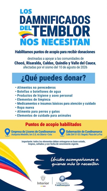 La campaña de donaciones en Cundinamarca estará activa del 11 al 23 de agosto para reunir alimentos, ropa, insumos médicos y artículos de higiene - crédito @CundinamarcaGob / X
