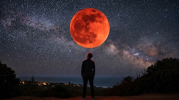Un hombre de espaldas frente a una gran luna roja en un cielo nocturno lleno de estrellas sobre un paisaje de vegetación y mar.