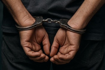 Las manos de un hombre están sujetas a la espalda con esposas metálicas de seguridad.