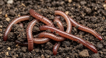 Varias lombrices de tierra invasoras de color rojizo se entrelazan sobre suelo de jardín oscuro y granulado, con detalles de sus cuerpos segmentados.