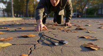 Primer plano de un hombre agachado en un pavimento agrietado y cubierto de hojas de otoño, extendiendo la mano hacia un cable USB negro.
