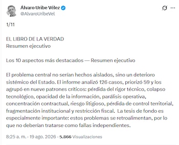 El exjefe de Estado hizo un resumen de los puntos clave de la denuncia del Gobierno nacional - crédito @AlvaroUribeVel/X