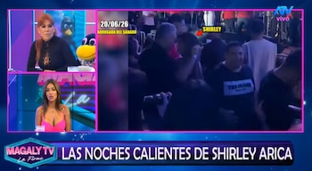 Pantalla de televisión con el programa Magaly TV La Firme. Dos presentadoras y un video de club nocturno donde se señala a Shirley Arica