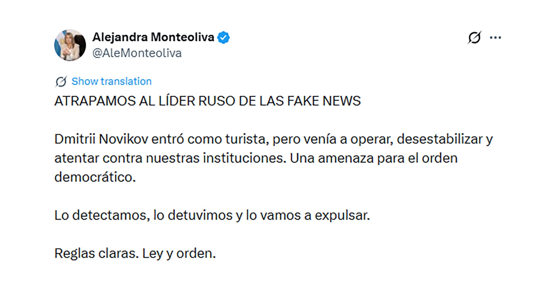 Montoliva sostuvo que el ruso era una amenaza para el orden democrático del país