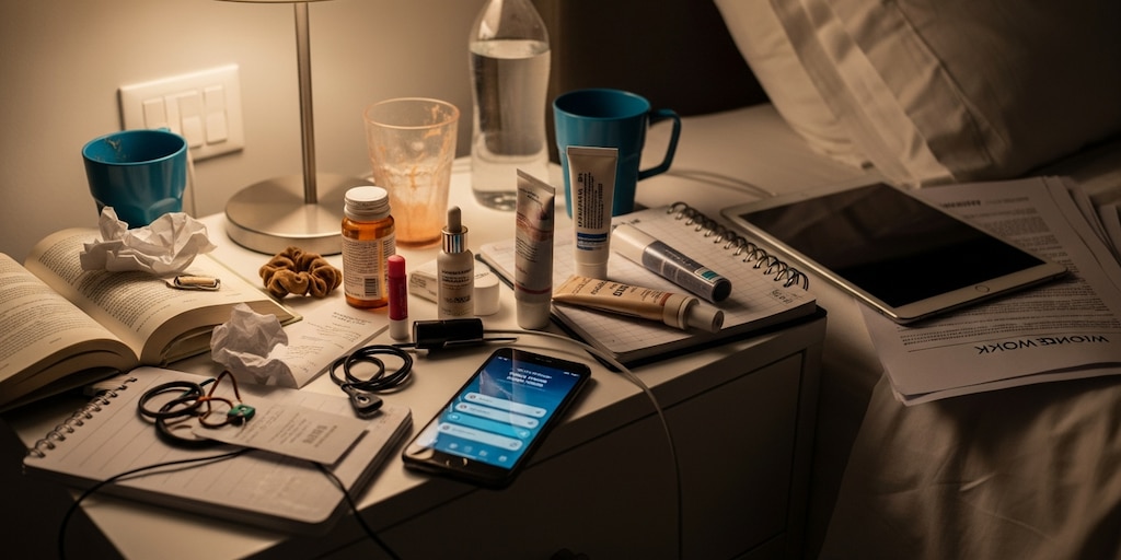 Cluttered bedside table with phone, bottles, papers and cups