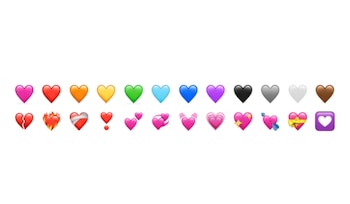 Una fila de diez emojis de corazón de colores sólidos; una segunda fila de diez emojis de corazón con diseños variados como roto, en llamas y con flecha