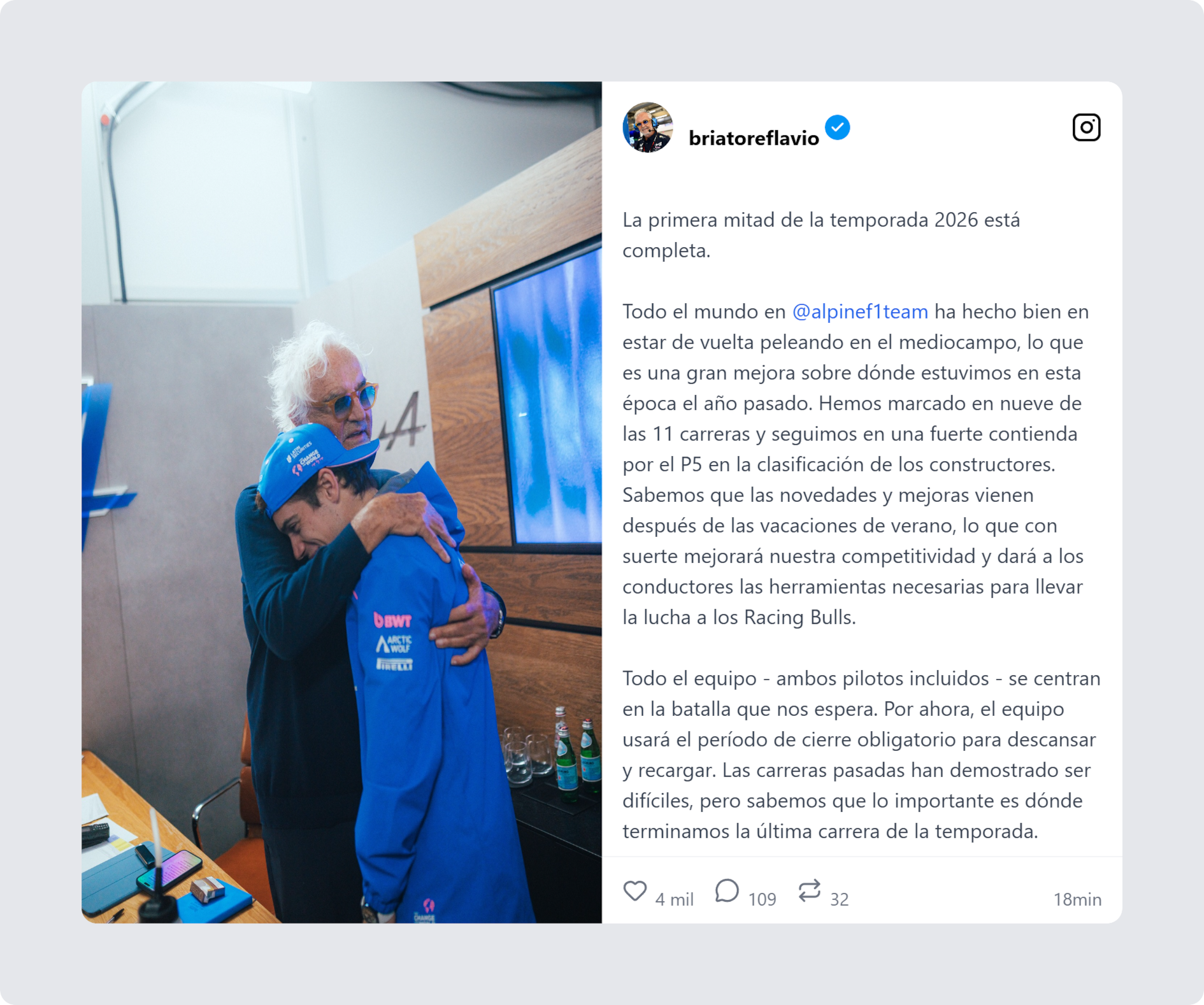 El posteo de Flavio Briatore y una de las simbólicas fotos que compartió: un abrazo a Franco Colapinto